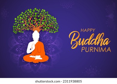 ilustración de Lord Buddha en meditación bajo el festival Bodhi Tree for Buddhist Happy Buddha Purnima Vesak