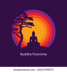 illustration of Lord Buddha in meditation under Bodhi Tree for Buddhist festival Happy Buddha Purnima Vesak