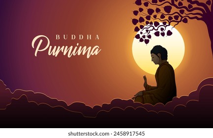 Ilustración del Señor Buda en meditación bajo el árbol de Bodhi para el festival budista Buda feliz Purnima Vesak