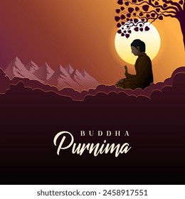 illustration of Lord Buddha in meditation under Bodhi Tree for Buddhist festival Happy Buddha Purnima Vesak