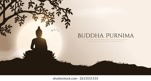 illustration of Lord Buddha in meditation under Bodhi Tree for Buddhist festival Happy Buddha Purnima Vesak