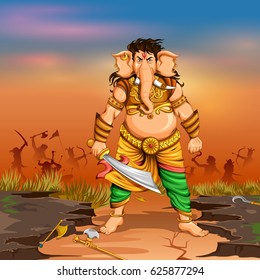 illustration of Lord Ganesha fighting with devil monster