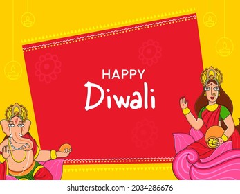 Illustration Of Lord Ganesha With Goddess Lakshmi Character On Red And Yellow Baclground For Happy Diwali Celebration.