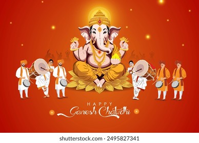 Illustration von Lord Ganpati Hintergrund für Ganesh Chaturthi Festival of India Tanzende Menschen Musikinstrument wie dhol tasha feiern und verbreiten Glück