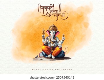 illustration of Lord Ganpati background for Ganesh Chaturthi. festival of India with hindi text Ganpati Bappa Morya meaning My Lord Ganesha
