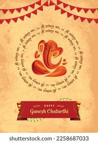 ilustración de los antecedentes de Lord Ganpati para Happy Ganesh Chaturthi. festival de India con   Texto en hindi Om Ganeshaya namah (bendito sea Lord Ganesh), concepto de Festival Indio. - Vector