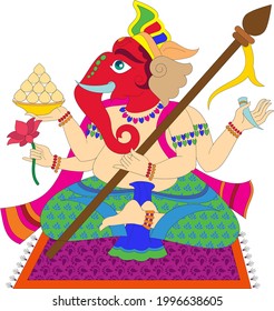 Illustration of Lord Ganpati Ganesha drawn in Pinguli folk art style of Maharashtra India. for textile printing, logo, wallpaper