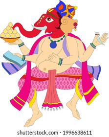 Illustration of Lord Ganpati Ganesha drawn in Pinguli folk art style of Maharashtra India. for textile printing, logo, wallpaper