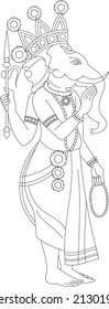 Illustration of Lord Ganpati Ganesha drawn in Kalamkari folk art style of Maharashtra India. for textile printing, logo, wallpaper