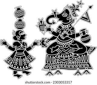 Illustration of Lord Ganpati, Ganesha drawn in Pinguli folk art style of Maharashtra India. for textile printing, logo, wallpaper