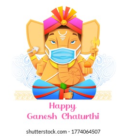 illustration of  Lord Ganpati wearing mask on background for Ganesh Chaturthi