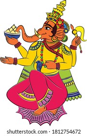 Illustration of Lord Ganpati/Ganesha drawn in Pinguli folk art style of Maharashtra India. for textile printing, logo, wallpaper