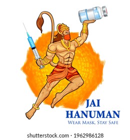 illustration of Lord Hanuman with Covid 19 vaccine for corona virus protection from pandemic background for Hanuman Jayanti festival of India