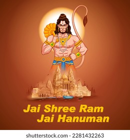 illustration of Lord Hanuman with Hindi text meaning Shree Ram Navami celebration background for religious holiday of India