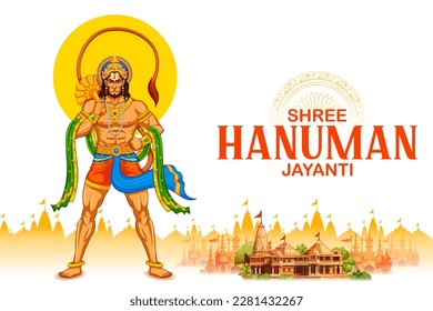 illustration of Lord Hanuman with Hindi text meaning Shree Ram Navami celebration background for religious holiday of India