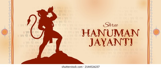 ilustración de Lord Hanuman sobre antecedentes religiosos con mensaje en hindi que significa saludos y deseos para el festival Hanuman Jayanti de la India