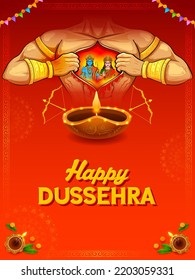 illustration of Lord Hanuman with Rama and Sita on religious background for HPPY Dussehra festival of India