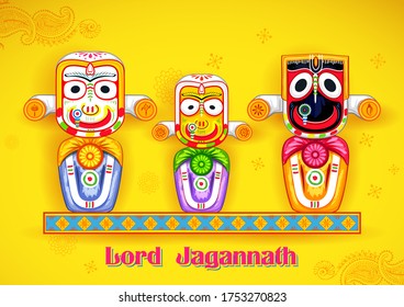 illustration of Lord Jagannath, Balabhadra and Subhadra on annual Rathayatra in Odisha festival background