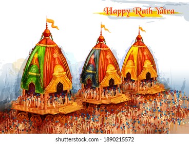 illustration of Lord Jagannath, Balabhadra and Subhadra on annual Rathayatra in Odisha festival background