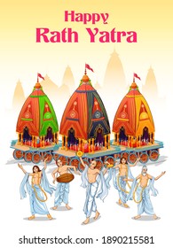 illustration of Lord Jagannath, Balabhadra and Subhadra on annual Rathayatra in Odisha festival background