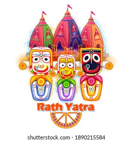 illustration of Lord Jagannath, Balabhadra and Subhadra on annual Rathayatra in Odisha festival background