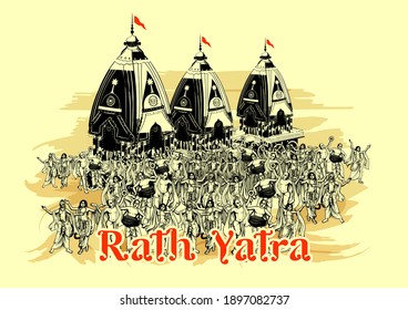 illustration of Lord Jagannath, Balabhadra and Subhadra on annual Rathayatra in Odisha festival background