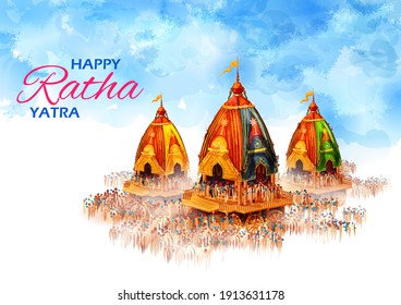 illustration of Lord Jagannath, Balabhadra and Subhadra on annual Rathayatra in Odisha festival background