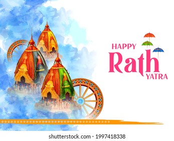 illustration of Lord Jagannath, Balabhadra and Subhadra on annual Rathayatra in Odisha festival background