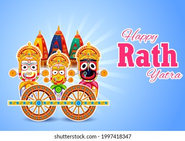 illustration of Lord Jagannath, Balabhadra and Subhadra on annual Rathayatra in Odisha festival background