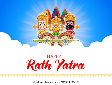 illustration of Lord Jagannath, Balabhadra and Subhadra on annual Rathayatra in Odisha festival background