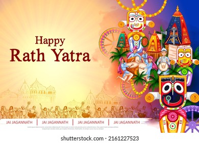 illustration of Lord Jagannath, Balabhadra and Subhadra on annual Rathayatra in Odisha festival background