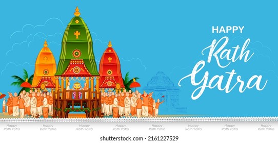illustration of Lord Jagannath, Balabhadra and Subhadra on annual Rathayatra in Odisha festival background