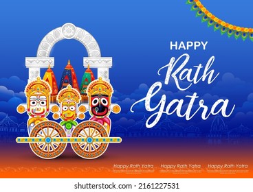 illustration of Lord Jagannath, Balabhadra and Subhadra on annual Rathayatra in Odisha festival background