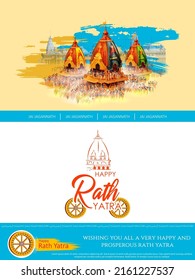 illustration of Lord Jagannath, Balabhadra and Subhadra on annual Rathayatra in Odisha festival background