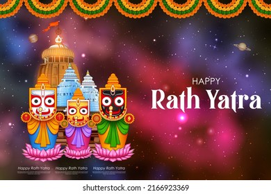 illustration of Lord Jagannath, Balabhadra and Subhadra on annual Rathayatra in Odisha festival background