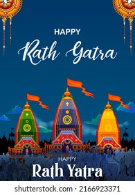 illustration of Lord Jagannath, Balabhadra and Subhadra on annual Rathayatra in Odisha festival background