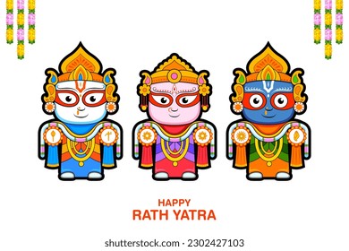 illustration of Lord Jagannath, Balabhadra and Subhadra on annual Rathayatra in Odisha festival background