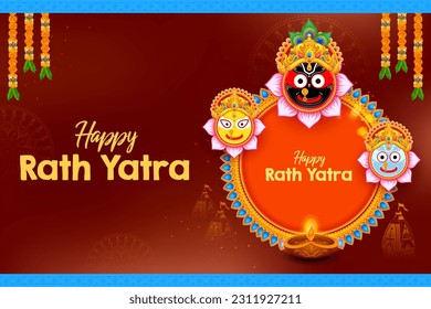 illustration of Lord Jagannath, Balabhadra, and Subhadra on the annual Rathayatra in Odisha festival background