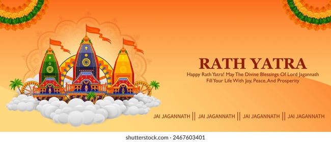 illustration of Lord Jagannath, Balabhadra and Subhadra on annual Ratha Yatra in Odisha festival background