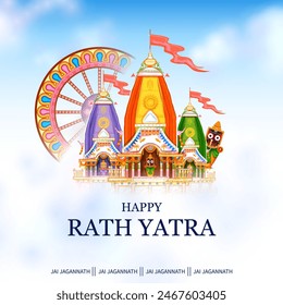 illustration of Lord Jagannath, Balabhadra and Subhadra on annual Ratha Yatra in Odisha festival background
