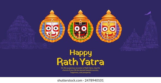 Ilustración de Lord Jagannath, Balabhadra y Subhadra en Ratha Yatra anual en el fondo del festival de Odisha