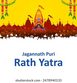 illustration of Lord Jagannath, Balabhadra and Subhadra on annual Ratha Yatra in Odisha festival background