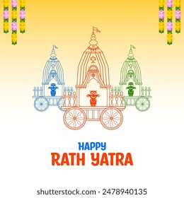 illustration of Lord Jagannath, Balabhadra and Subhadra on annual Ratha Yatra in Odisha festival background