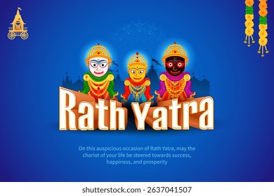 illustration of Lord Jagannath, Balabhadra and Subhadra on annual Ratha Yatra in Odisha festival background