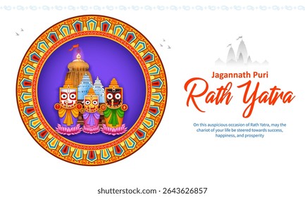 illustration of Lord Jagannath, Balabhadra and Subhadra on annual Ratha Yatra in Odisha festival background