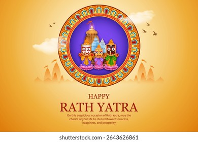 illustration of Lord Jagannath, Balabhadra and Subhadra on annual Ratha Yatra in Odisha festival background