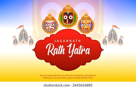 illustration of Lord Jagannath, Balabhadra and Subhadra on annual Ratha Yatra in Odisha festival background