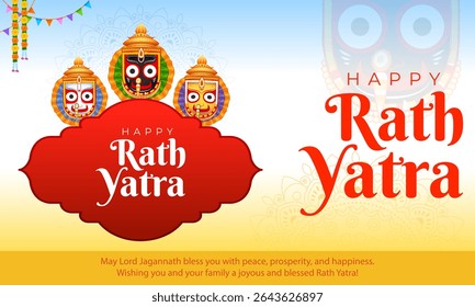 illustration of Lord Jagannath, Balabhadra and Subhadra on annual Ratha Yatra in Odisha festival background