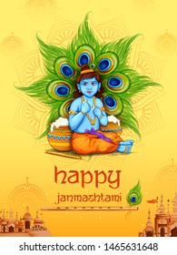 illustration of Lord Krishna eating makhan in Happy Janmashtami festival background of India