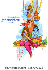 illustration of Lord Krishna eating makhan (cream) in Happy Janmashtami festival background of India